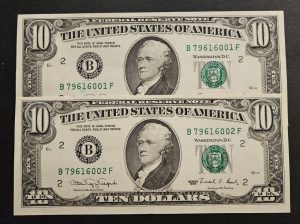 🇺🇲 США 2-е банкноты 10 долларов 1990 г.