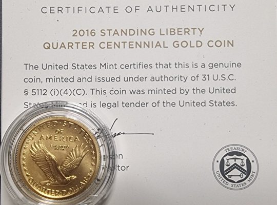 🇺🇲 Монета США 25 cents. Gold Quarter 2016г. «Стоящая Свобода».
