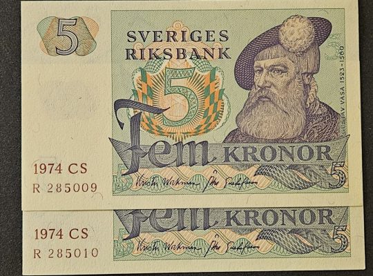 Банкнота 5 крон 1974 года. 🇸🇪 Швеция. 2 шт.